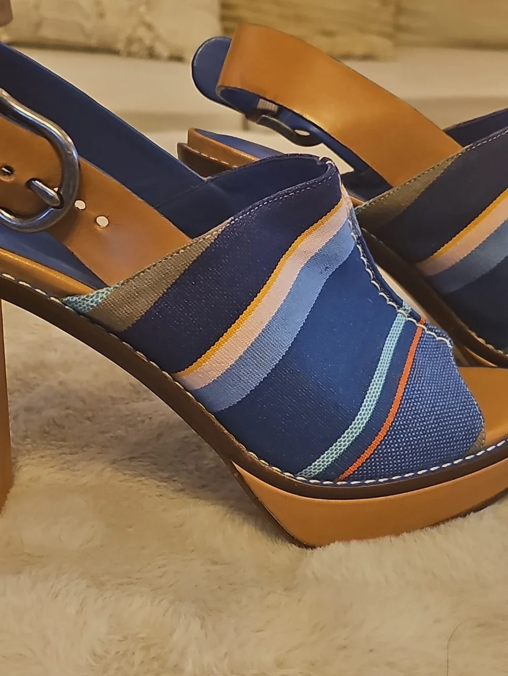 Cole Haan Blue Striped Peep-Toe Platform Heel Sandals.